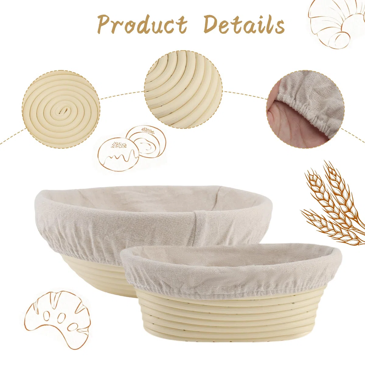 Cestino Lievitazione Pane 2 Pezzi Cestino Pane in Rattan Naturale Con Impastatrice Fodera di Lino Raschietto per Impasto di Pane Pizza e Pasticceria (Rotondo da 23 cm e Ovale da 21 cm)