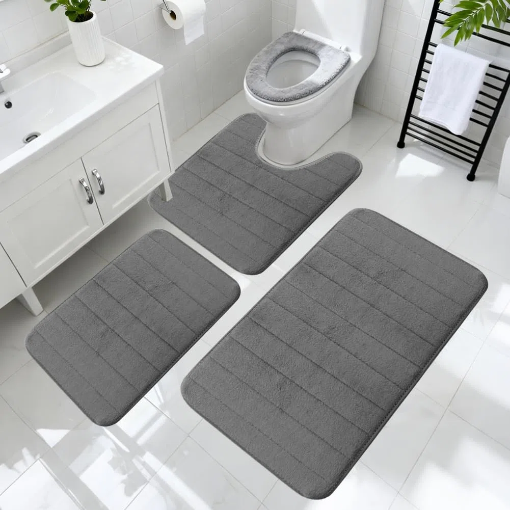 Set di 3 tappeti da bagno con memory foam - tappetini da bagno antiscivolo e lavabili per bagno, doccia e toilette, comfort di lusso e design moderno (grigio scuro)