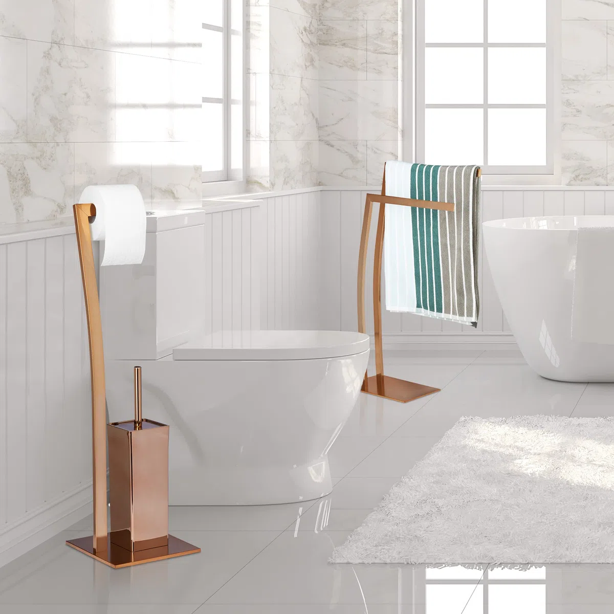 Relaxdays Set da Accessori per WC, Porta Scopino in Acciaio Inox, Piantana Portarotolo HLP 71 x 20 x 20 cm, Argentato