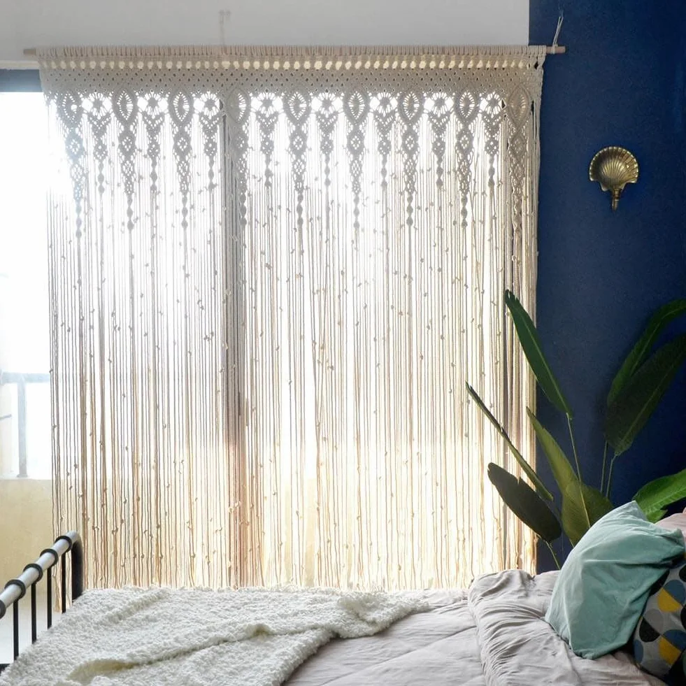 Tenda da porta in tessuto macramè, in cotone, da appendere alla parete, per finestra, arco, porta, sfondo, decorazione per la casa, beige (100 x 200 cm)