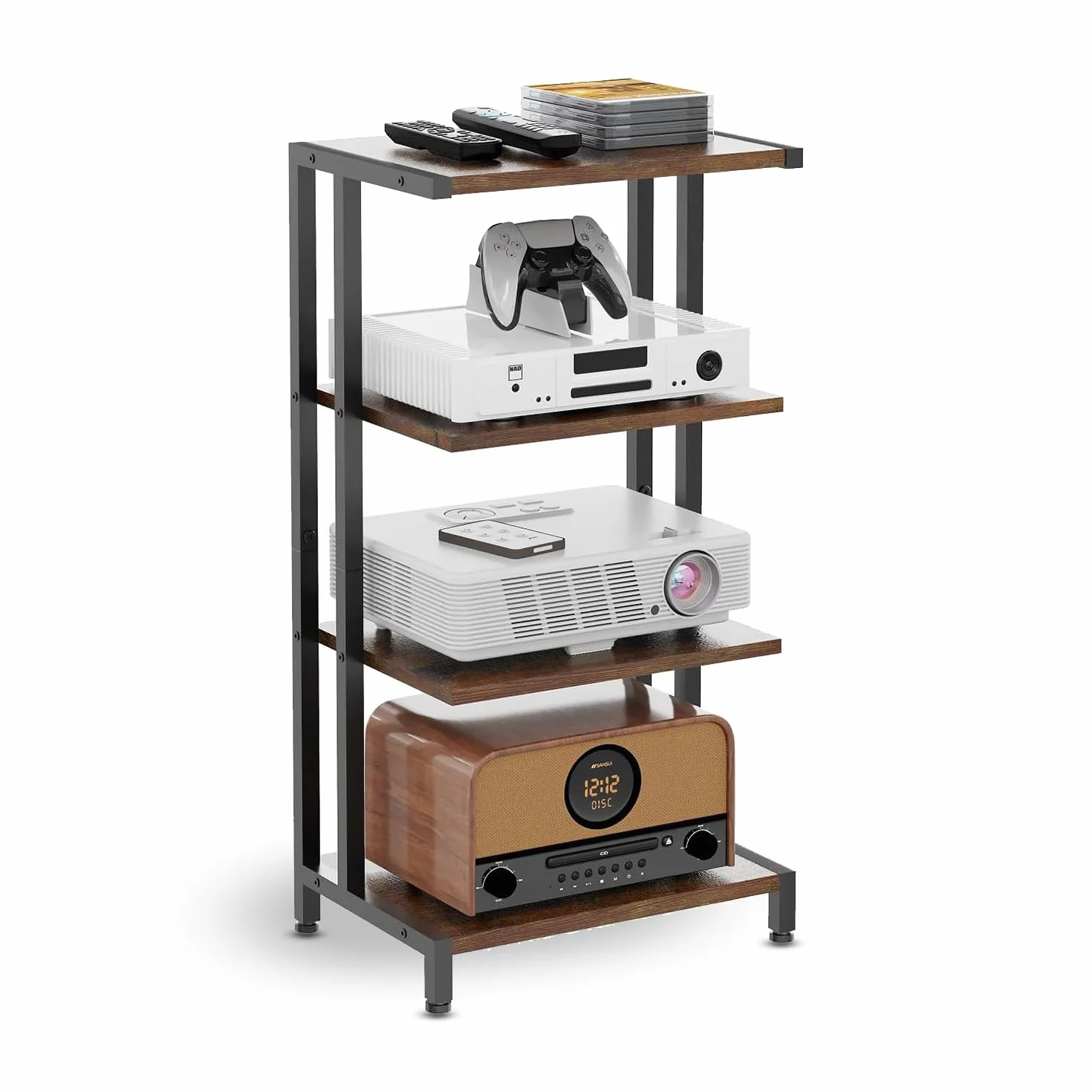Rack HiFi a 4 livelli in legno e ferro per giradischi, impianto audio, impianto stereo, adatto per soggiorno e studio 28D x 42W x 81H cm, nero/marrone