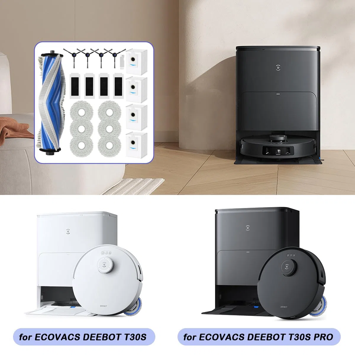 Accessori di Ricambio per ECOVACS DEEBOT T30S/ T30S PRO Aspirapolvere Robot, Kit con 1 Spazzola Principale, 4 HEPA Filtri, 6 Panni, 4 Sacchetti Polvere, 4 Spazzole Laterali