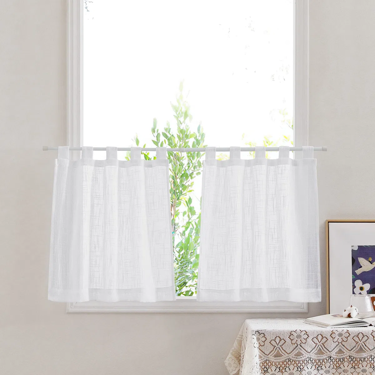 PONY DANCE Tende per Interni a Vetro Moderne per Soggiorno Tenda Porta Finestra Bianca Semitrasparente Effetto Lino Curtains con Passanti 2 Pezzi L 60 X A 120 CM