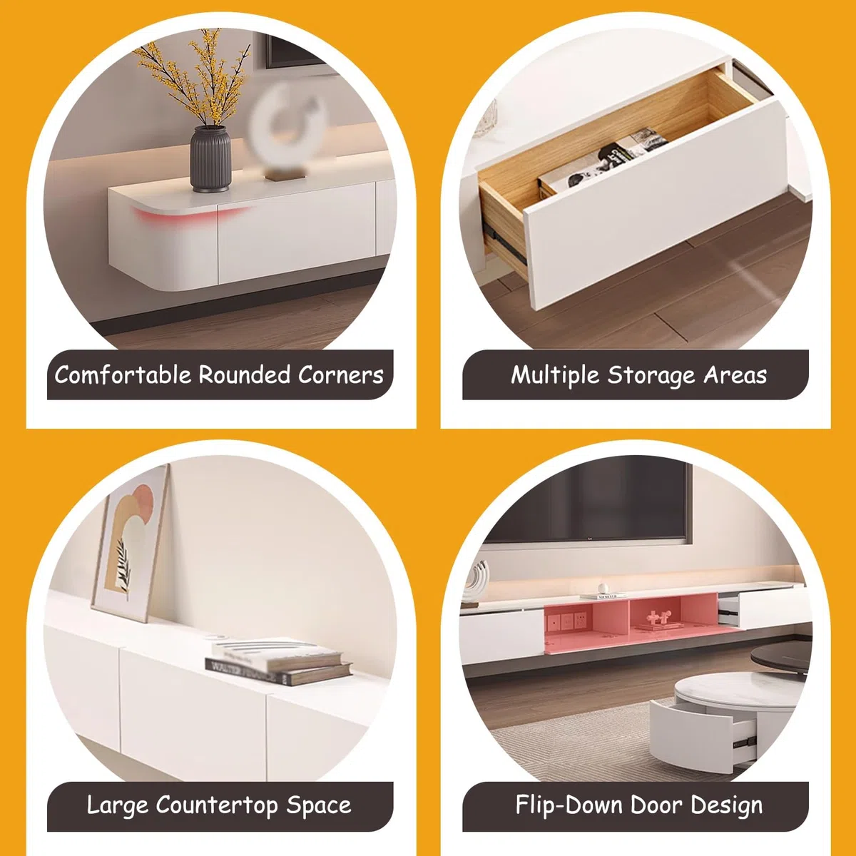 Mobile TV Moderno Sospeso Con Portaoggetti - Console Multimediale Montata A Parete Per Soggiorno E Camera Da Letto - Mobile TV Elegante Con Ripiani Aperti E Scomparti Nascosti(bianca,260cm)