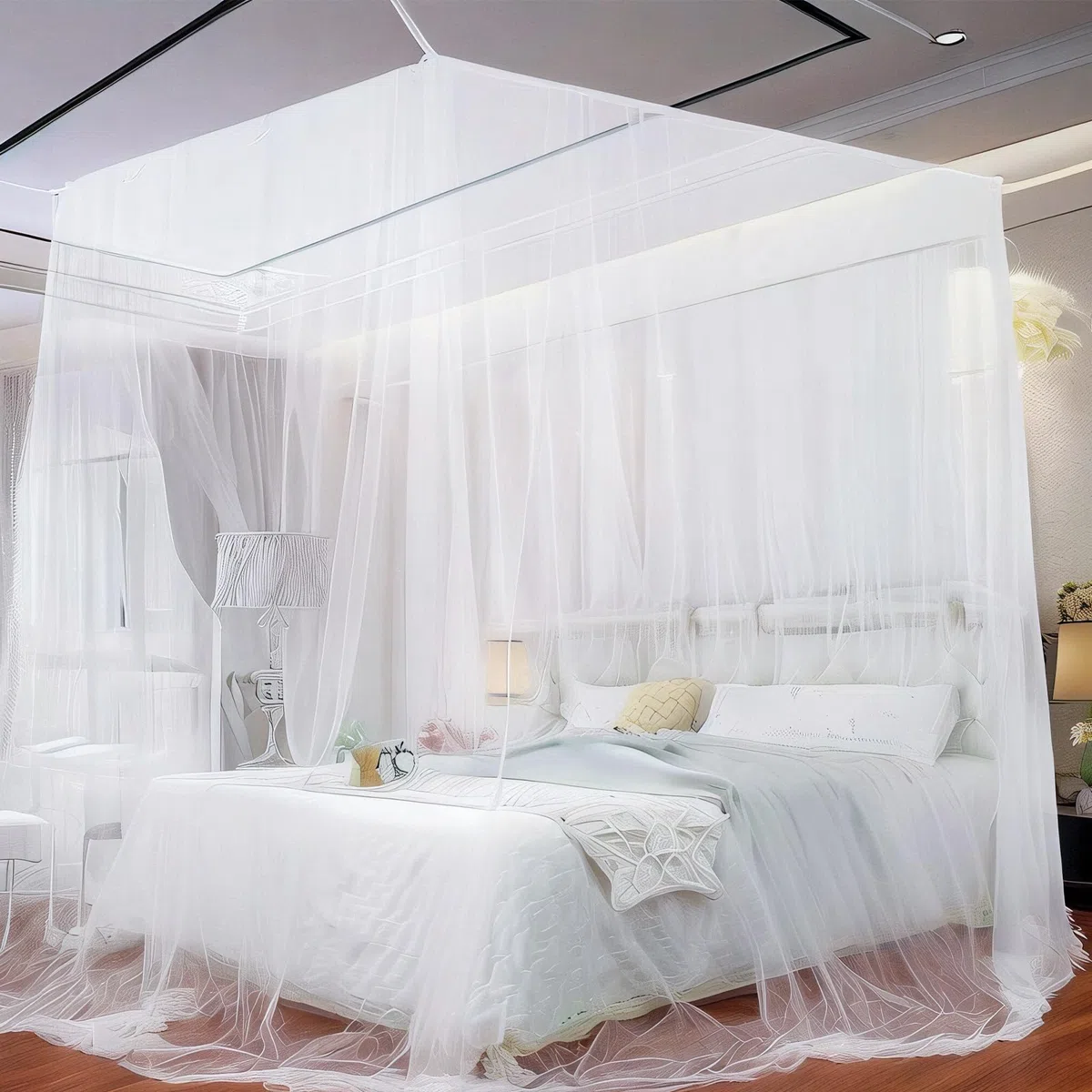 Zanzariera Letto, 220 x 210 x 200 cm Grande zanzariera da letto matrimoniale Zanzariera a Baldacchino Quadrata Facile da Installare Protezione Repellente Insetti, Bianco