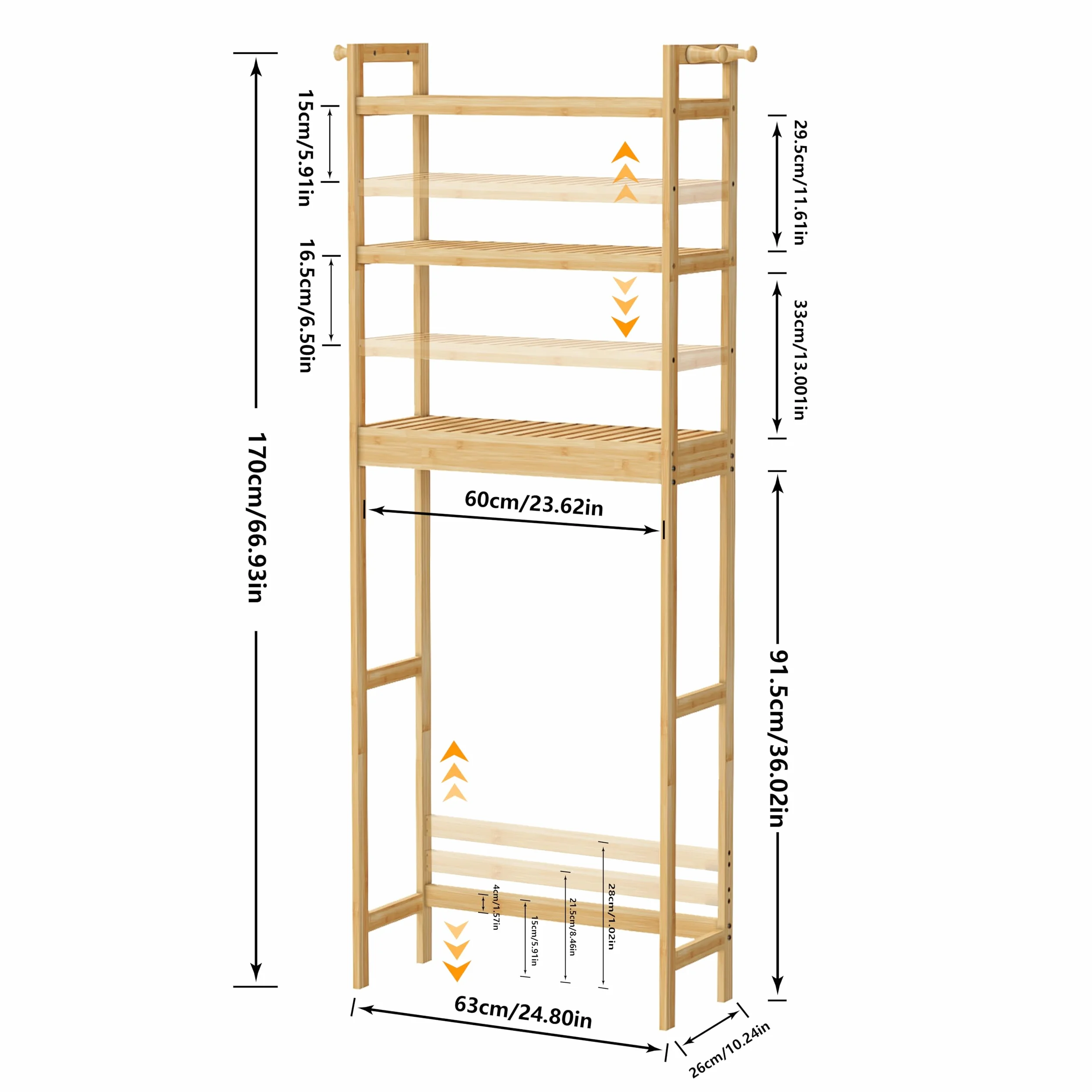 unho Scaffale Mensola per Lavatrice: Bagno Mobile Sopra WC in Bambù Portaoggetti Ripiani Regolabili Salvaspazio Scaffalatura per Lavatrice 63x26x170 cm