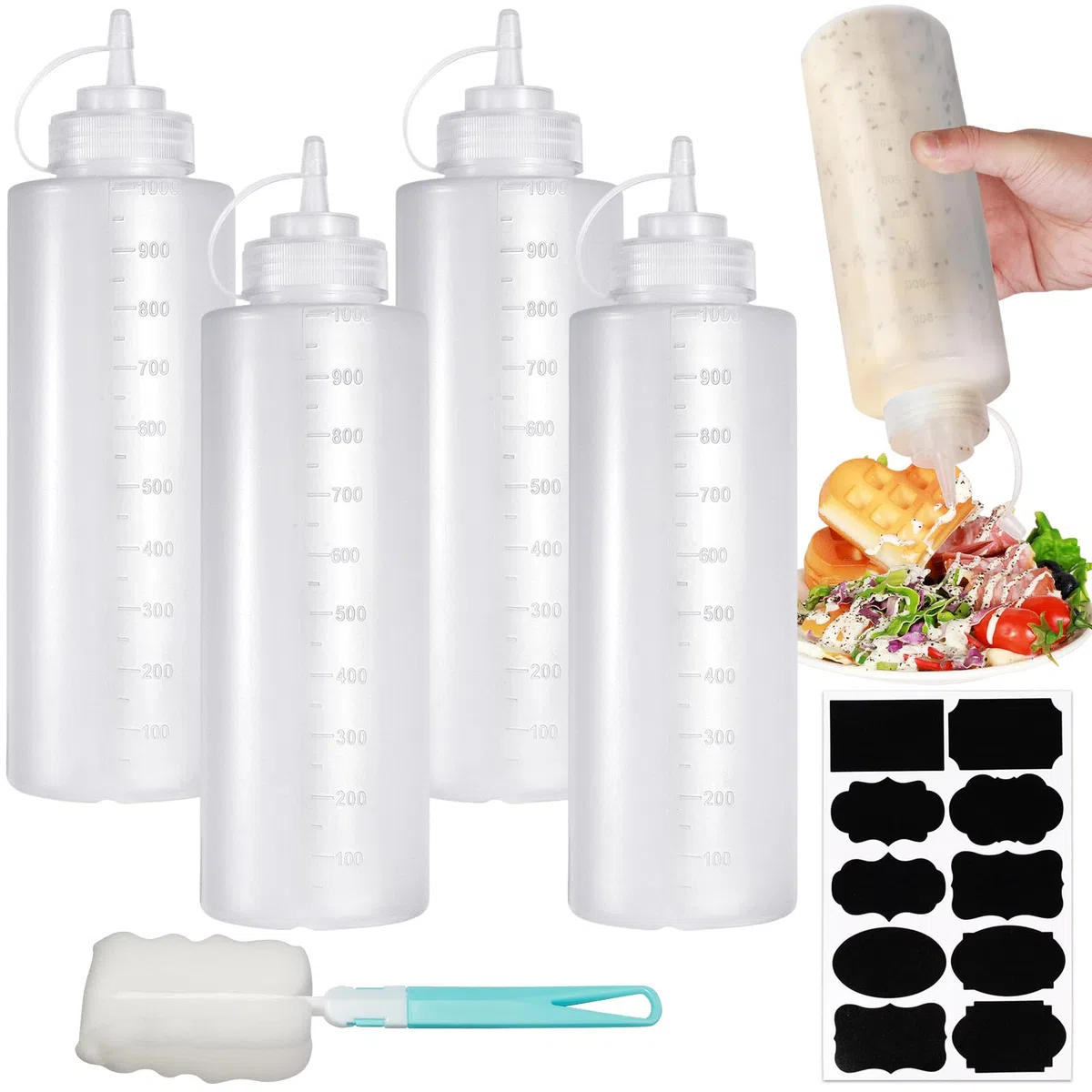 4 Pezzi Biberon Cucina Professionale 1000ml, Squeeze Bottle 32oz, Trasparente Biberon da Cucina, Ottiglia Squeeze di Plastica con 1 Pennello di Pulizia e 10 Adesivi per Ketchup Olio D'Oliva