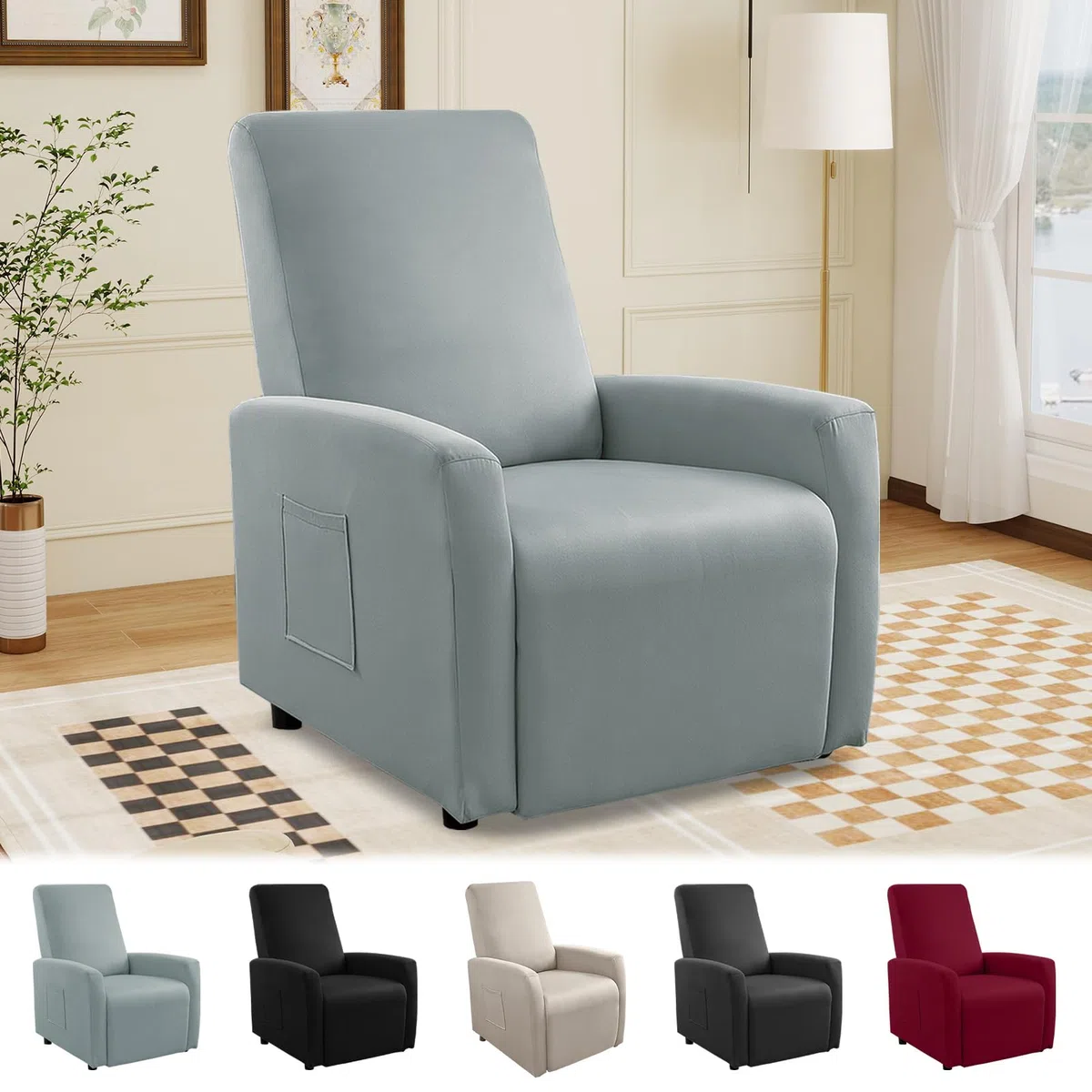 MeYuxg Copri Poltrona Relax Reclinabile a 1 Posto, Elasticizzato Copripoltrona Relax Reclinabile con Tasche, Impermeabile Copri Poltrona Totale, per Poltronas Relaxs e TV(Grigio Chiaro, 4 Pezzi)