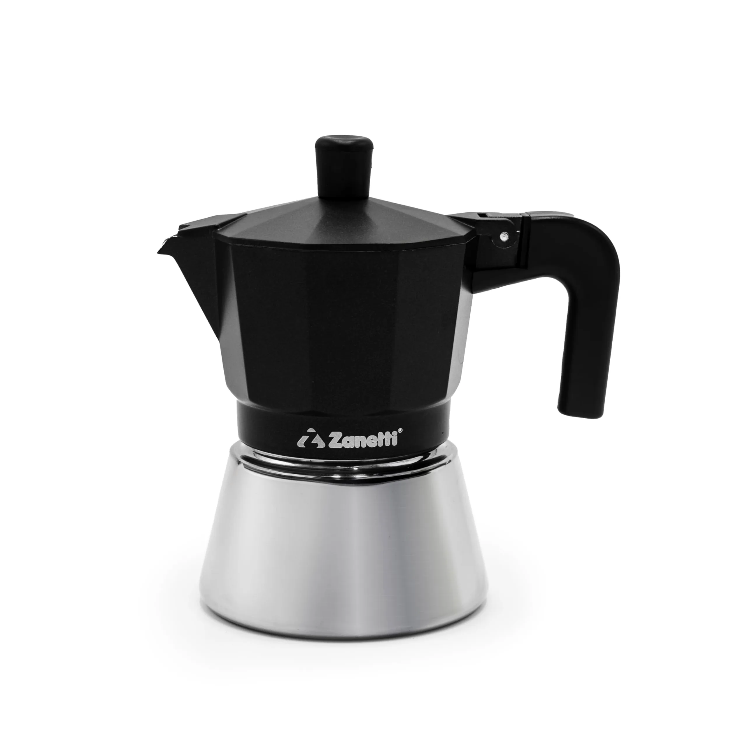 Zanetti, Star Caffettiera Moka Induzione Tre Tazze, Espresso Con Caldaia in Acciaio Inox e Manici Ergonimici, Adatta ai Piani a Induzione 3 Tazze Colore Nero