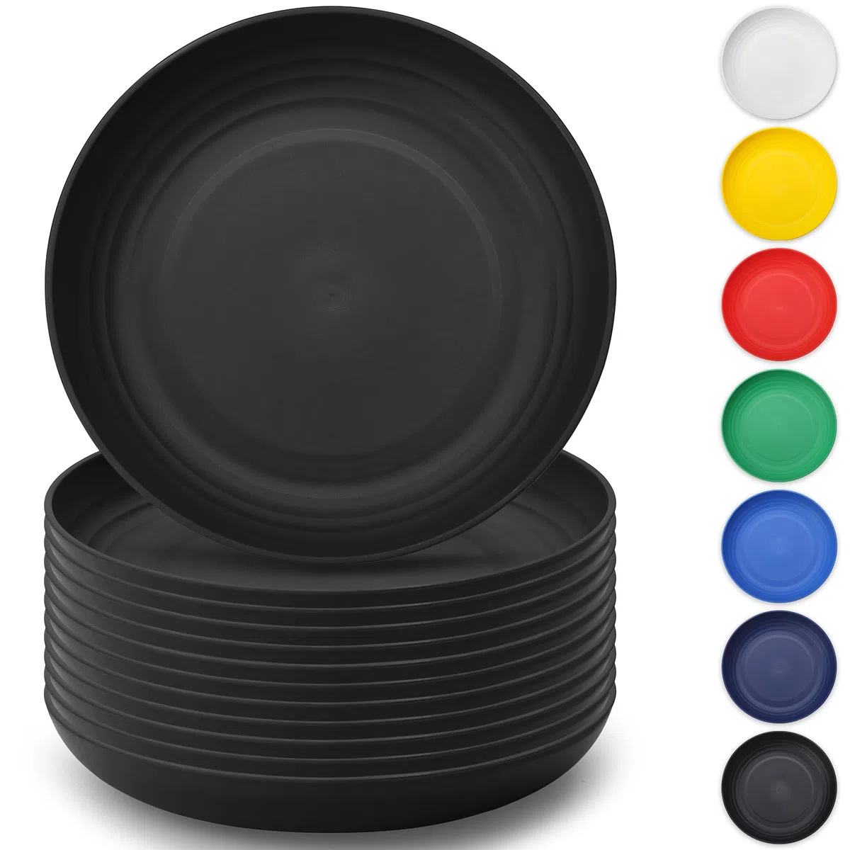 Berglander Nero piatti in plastica da 12 pezzi da 23cm da pranzo infrangibili riutilizzabili e robusti, piatti per insalate, ciotole per pasta, facile trasporto per picnic, campeggio, all'aperto