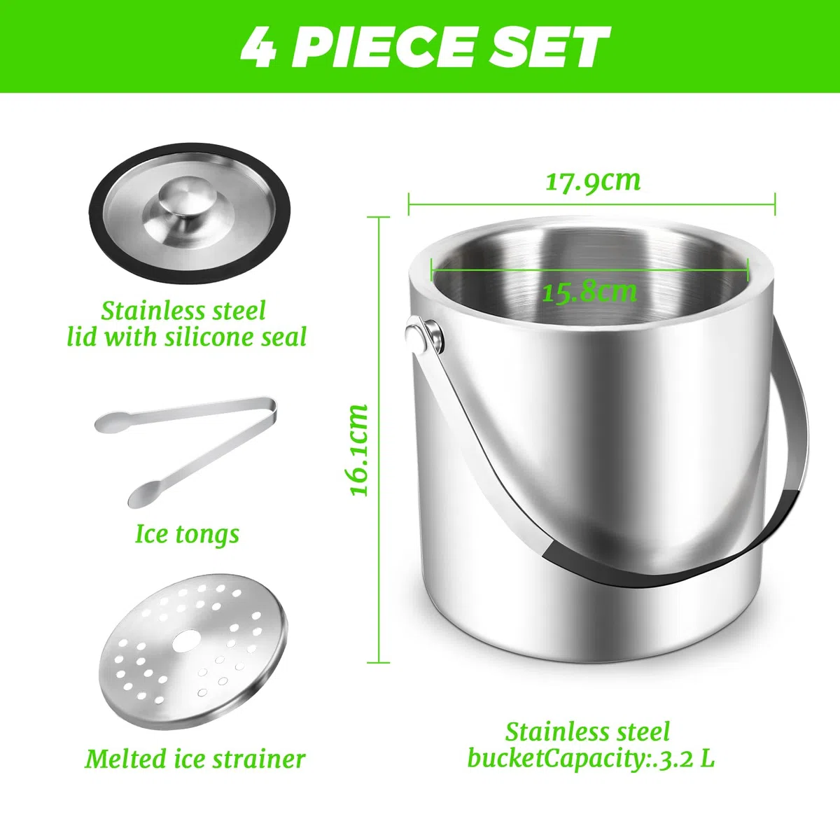 Sprifityy 3,2L Secchiello per Ghiaccio a Doppia Parete in Acciaio Inox,con Coperchio in Silicone, pinze e Filtro,Secchiello Ghiaccio Acciaio Inox,Ideale per Famiglie e Bar
