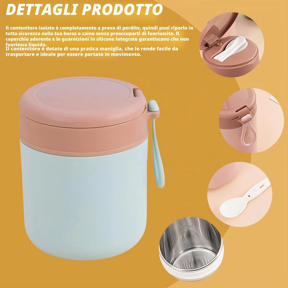 Contenitore termico in acciaio inox per cibi: 3 ciotole termiche, contenitore termico sottovuoto isolato, contenitore termico Essen to go (blu, rosa + bianco) (blu, rosa, verde, 430 ml)