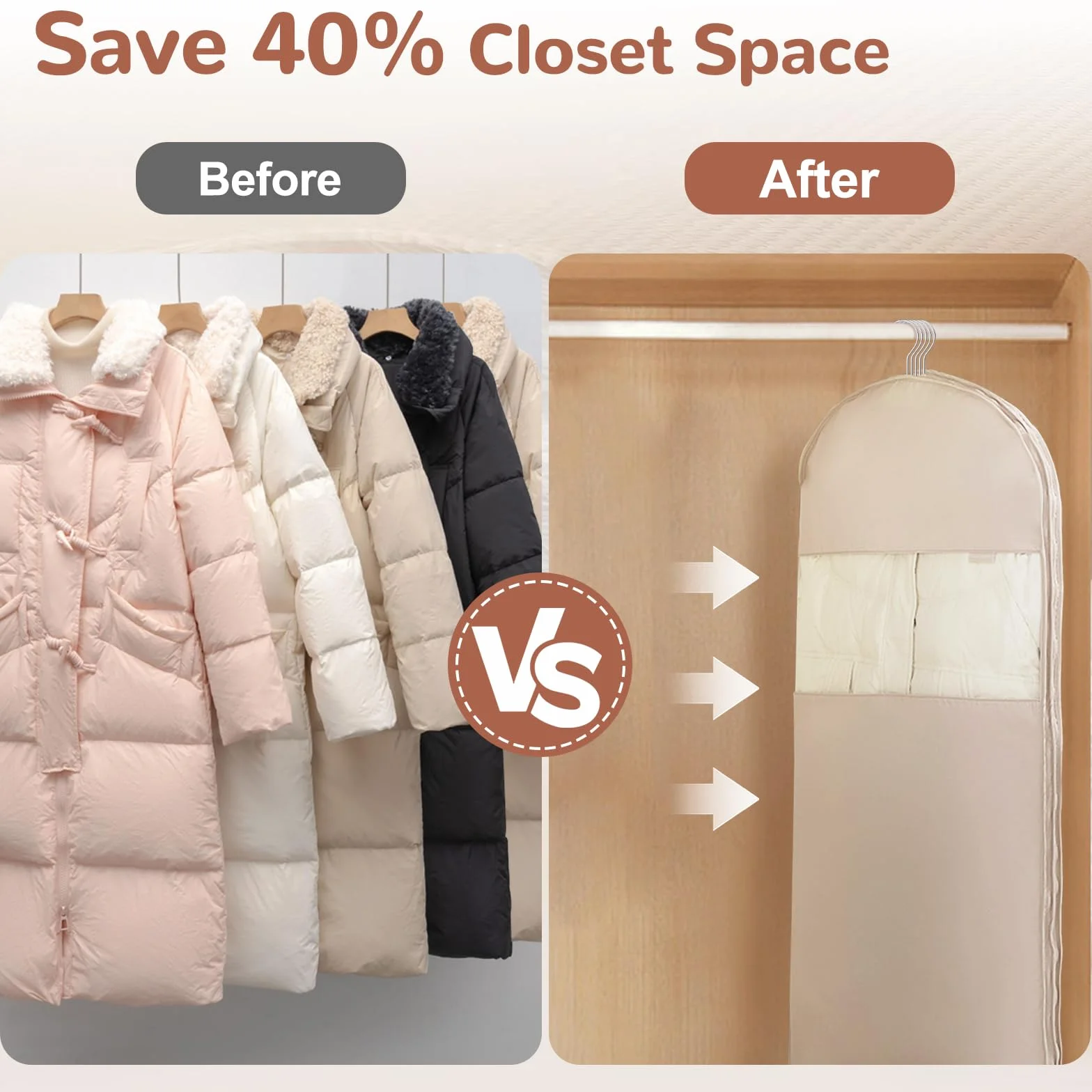 Custodia Porta Abiti da Appendere con Cerniera a Compressione, Copriabiti Salvaspazio per Cappotti, Traspirante Borsa Portaabito, Copertura Vestiti Copri Abiti per Giacca, 1Pc (Beige)