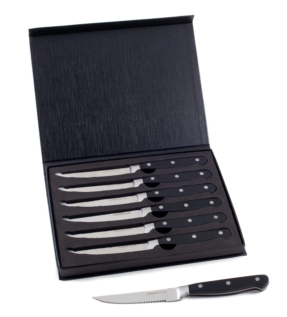 Hanseküche Set di Coltelli da Bistecca – 6x Coltelli da Bistecca di Alta Qualità con Manico in Legno – Elegante Set di Posate in Acciaio Speciale Inossidabile con Lama Seghettata e Confezione Regalo