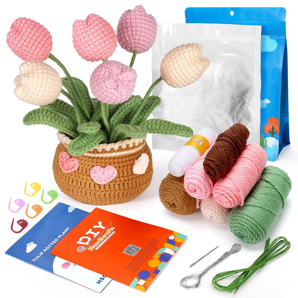 CestMall Kit per Uncinetto per Principianti, 6 Pezzi Kit per Lavorazione Maglia Fiore per Avviamento all'Uncinetto per Piante Vaso con Pennarello Punto Filato Artigianato Fai-da-Te con Tutorial Video