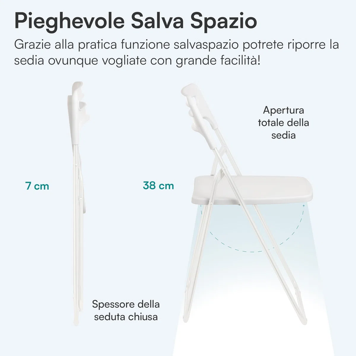 Baroni Home Sedia Pieghevole Salvaspazio, Sedia da Pranzo per Interno ed Esterno con Struttura in Acciaio, 42x38x78 cm (1 Pezzo, Bianco)