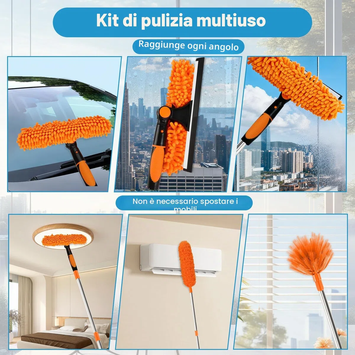 Zikenis Feather Duster Cleaning Set per Spolverini con Asta Fissa, Spolverino in Microfibra Lavabile e Riutilizzabile per Divani, Soffitti, Ragnatele, Vetri, Ventilatori da Soffitto