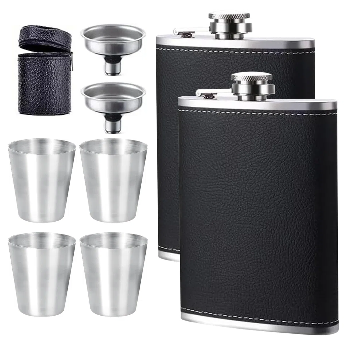 DALAETUS 2 Pezzi 8Oz Fiaschetta in Acciaio Inox Kit con 2 Imbuto Fondina e 4 Bicchieri Vino e 1 Custodia Pelle Cerniera, Fiaschetta, Fiaschetta Whisky per Aperto Campeggio Uomo Regalob