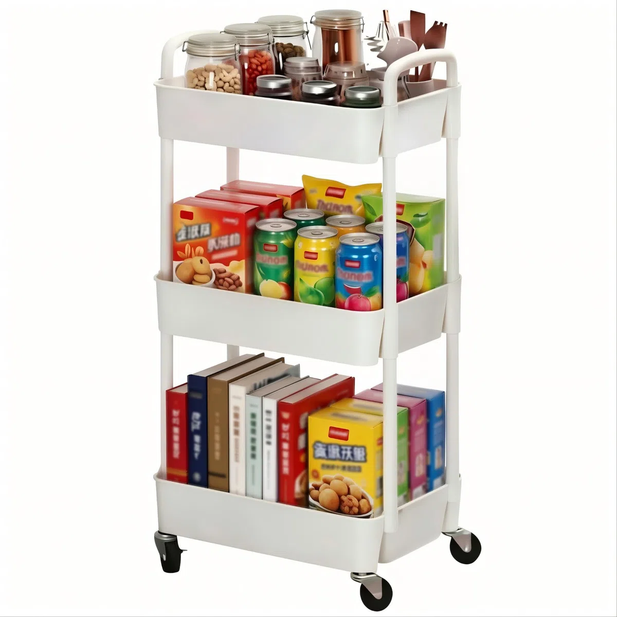 Sywhitta Carrello multiuso in plastica a 3 livelli con maniglia, carrello portaoggetti multifunzione per ufficio, soggiorno, cucina, organizer mobile con ruote, bianco