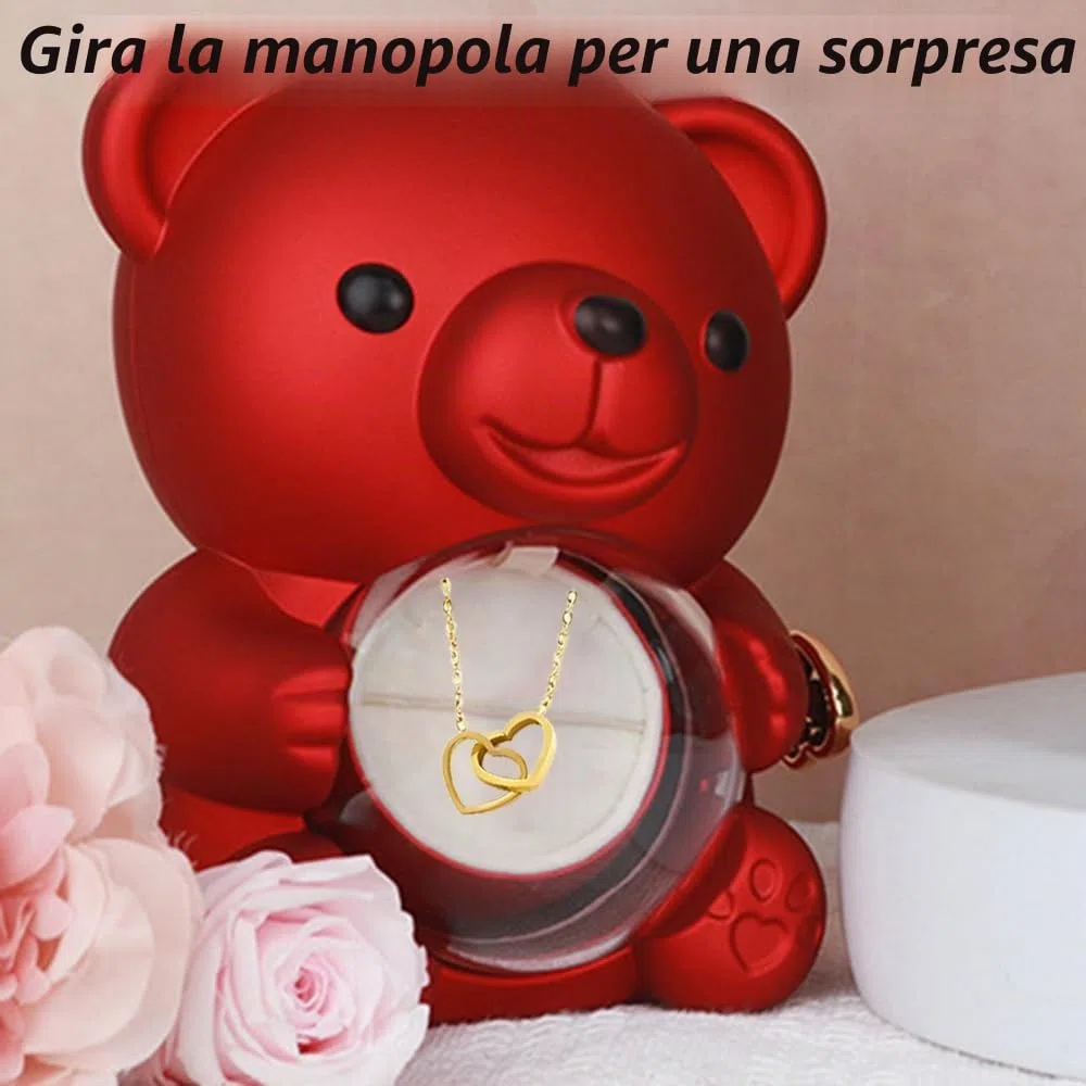 Orsetto con rosa eterna e cofanetto portagioie – regalo romantico con collana da donna – idea regalo per San Valentino, festa della mamma, compleanno e matrimonio