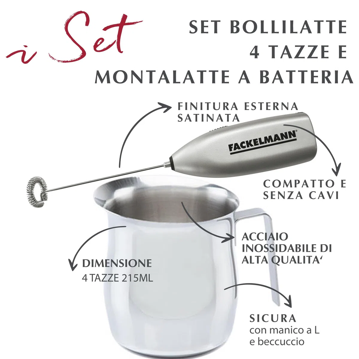 Fackelmann Set Montalatte Portatile e Bollilatte in Acciaio Inox 215ml, Frullino Montacappuccino a Batteria con Frusta Inox per Bevande e Latte Caldo, Versalatte Lavabile in Lavastoviglie