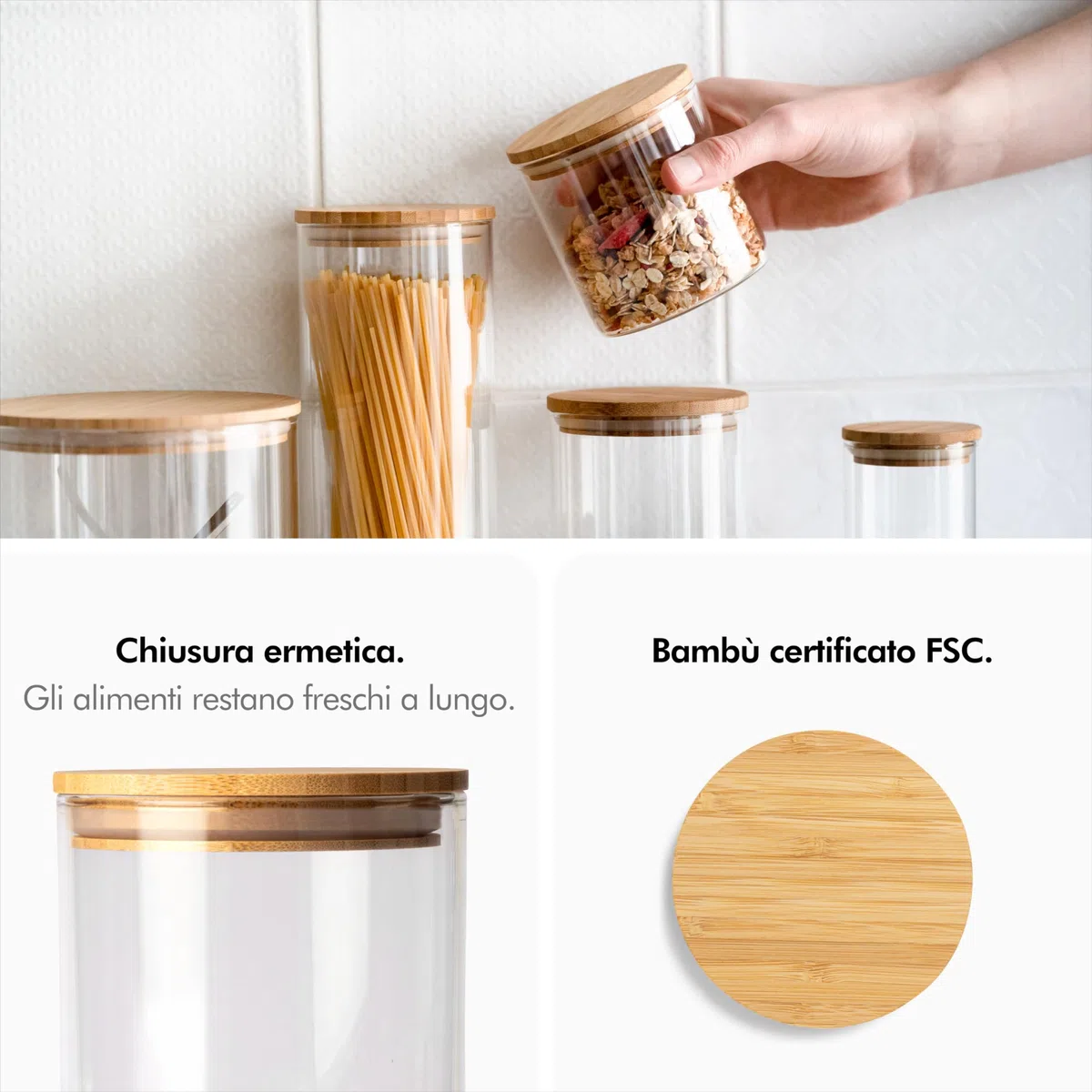KIVY Barattoli Vetro Ermetici [4x 600ml] - Barattolo Vetro con Coperchio - Barattolo Sale Zucchero Caffè - Barattoli Cucina in Bambù - Contenitore Sale - Porta Pasta con Coperchio