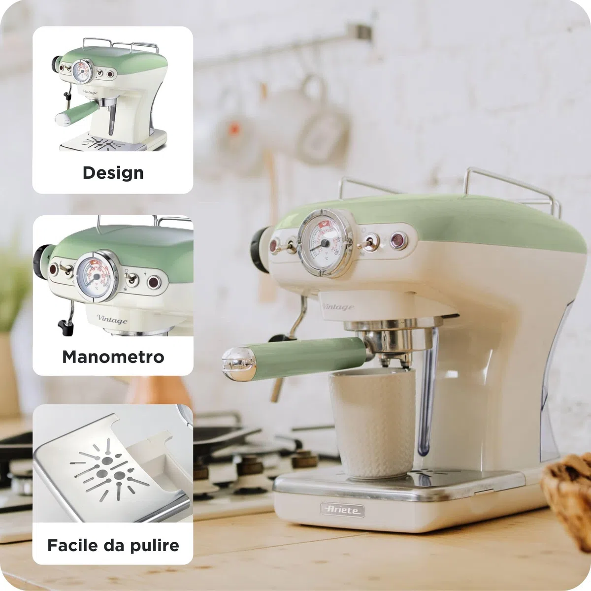 Ariete Caffè Espresso Vintage 1389, Macchina per Caffè Espresso per Polvere o Cialda ESE, 1 e 2 Tazze, Lancia Cappuccinatore, Supporto Tazze in Acciaio Inox, 15 Bar, 850W, Verde