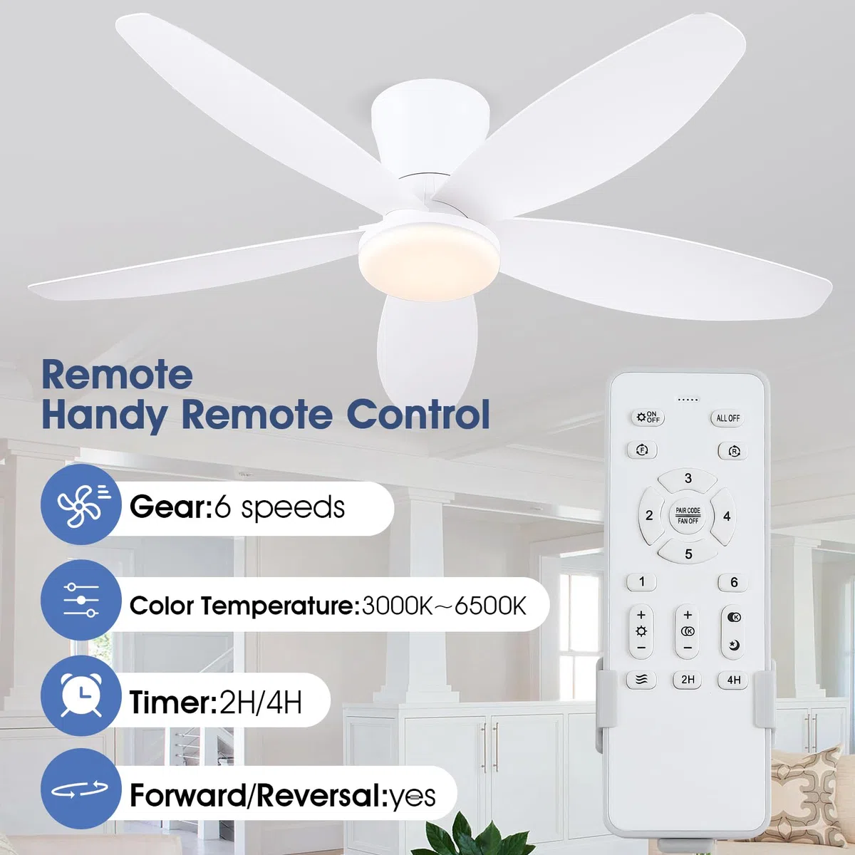 Ventilatori a soffitto con luci-106CM Ventilatore a soffitto a basso profilo con luce e controllo remoto/APP,DC reversibile, LED dimmabili Ventilatori a soffitto moderni per camera da letto(Bianco)