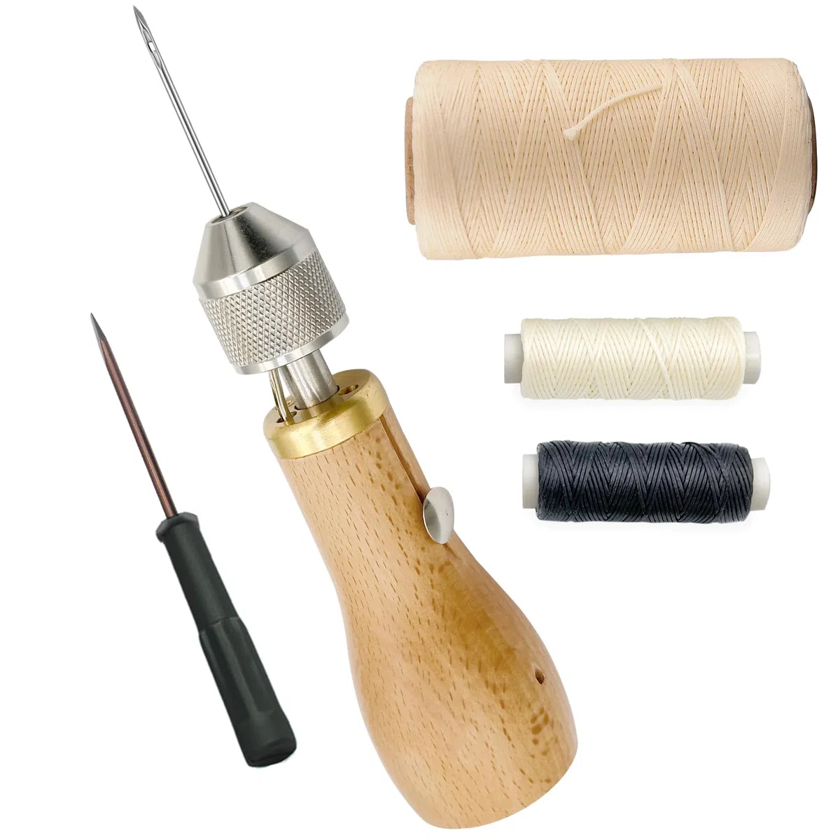 SONGER Professional Speedy Stitcher Sewing Awl Hand Stitcher Repair Tool Kit for Leather And Heavy Fabrics with 2Pcs Needles,1Pcs Coil And 260 Meter 150D 0.8MM Flat Sewing Waxed String(Beige)