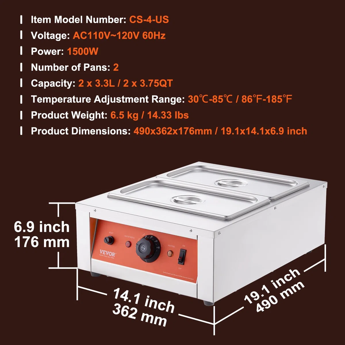 VEVOR Macchina per Fusione di Cioccolato in Acciaio Inox Doppia Vasca da 3,3 L, Pentola Elettrica di Fusione del Cioccolato 1500W Uso Commerciale per Hotel Albergo, Bagnomaria per Cioccolato 30℃ - 85℃