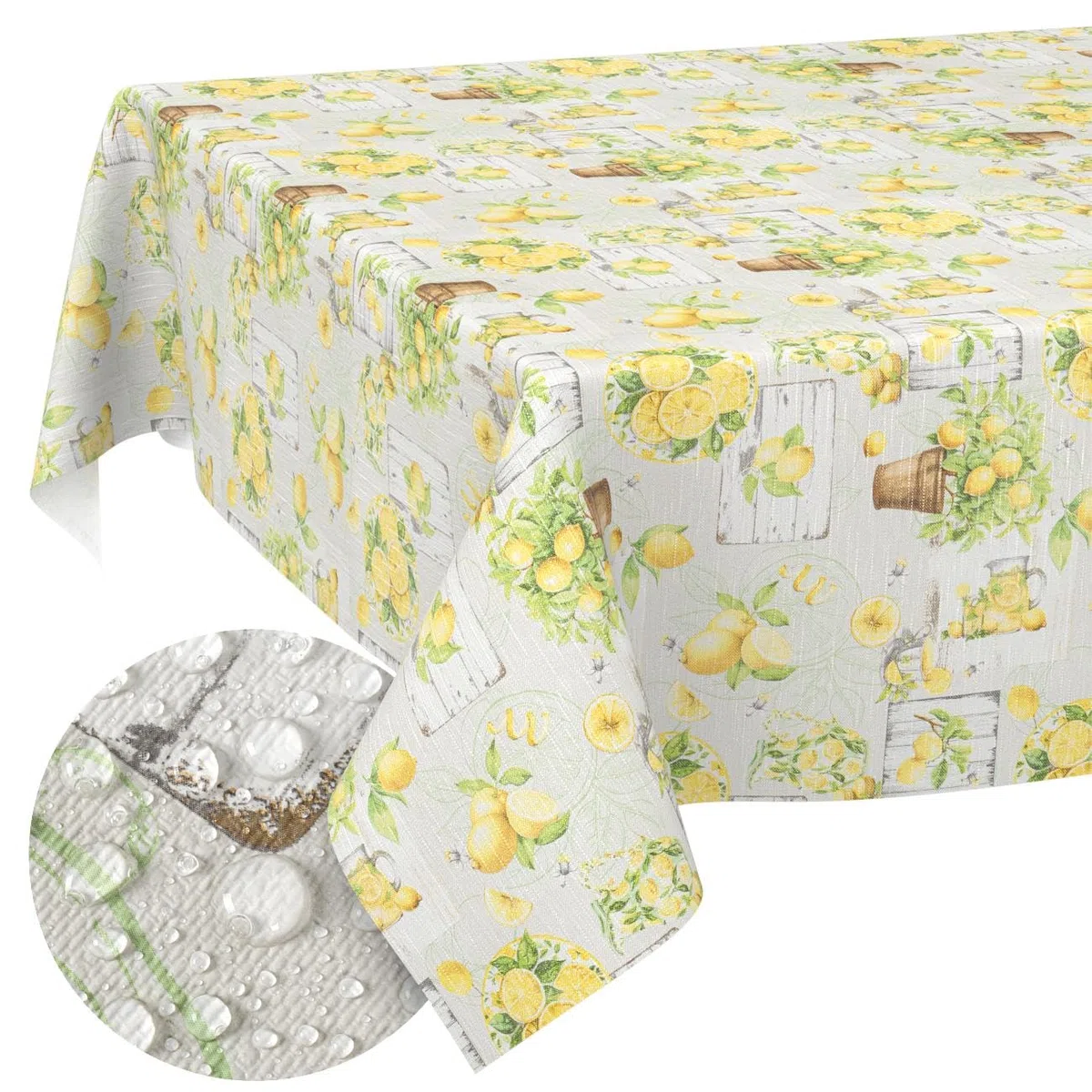 Tovaglia cerata, lavabile, facile da pulire, impermeabile, effetto loto, per esterni, effetto limone, 180 x 120 cm, con bordo tagliato