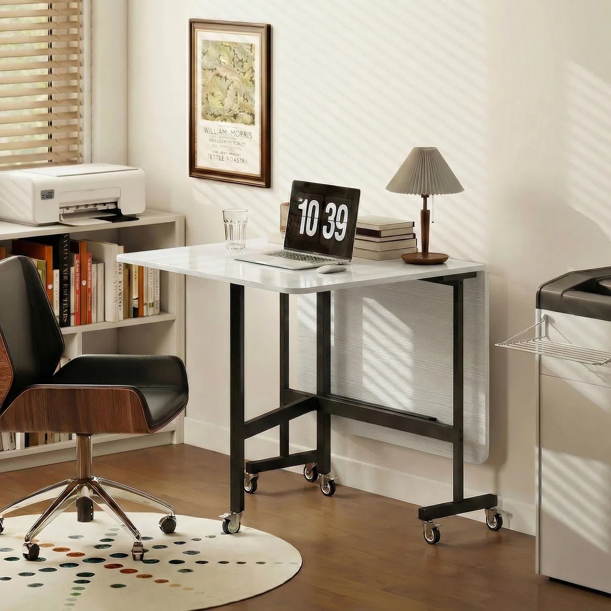HOMCOM Tavolo da Pranzo Pieghevole, Tavolo Cucina a Ribalta con Ruote a Freno per 4-6 Persone, Scrivania Richiudibile con Struttura in Acciaio, per Soggiorno, 120x80x73 cm, Bianco Effetto Legno