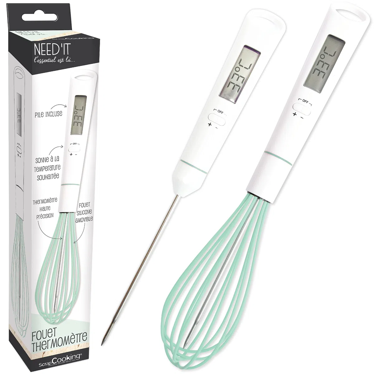 ScrapCooking 5167 - Frusta termometro per pasticceria 2-in-1, termometro da cucina per cottura al cioccolato, caramello, zucchero, con sonda di temperatura rimovibile, in silicone, compatibile con