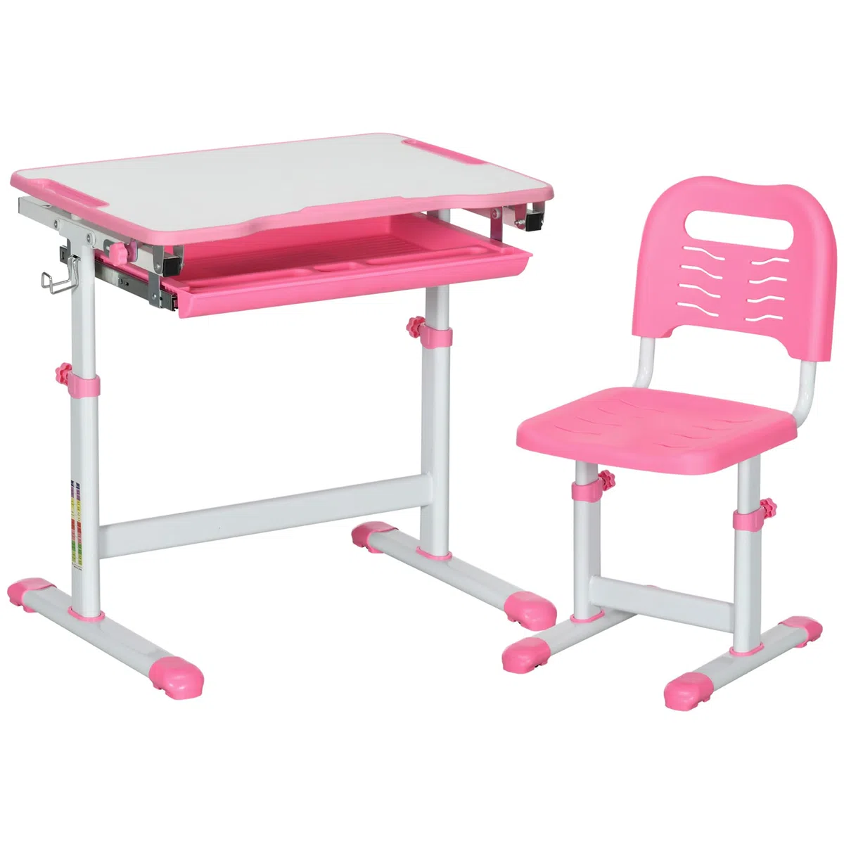 HOMCOM Banco Scuola per Bambini 6-12 Anni Regolabili in Altezza, Set Scrivania e Sedia per Bambini con Piano Inclinabile 45°, Cassetto, 2 Portapenne e Gancio, Rosa