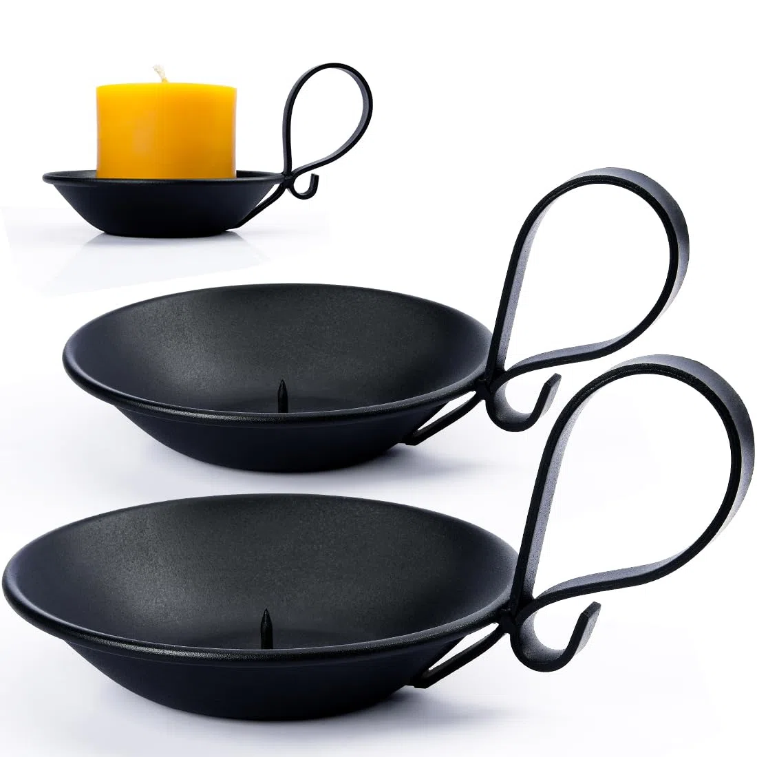 2 portacandele in ferro nero opaco, con manico, stile industriale semplice, decorazione da tavolo, con punta di sicurezza.