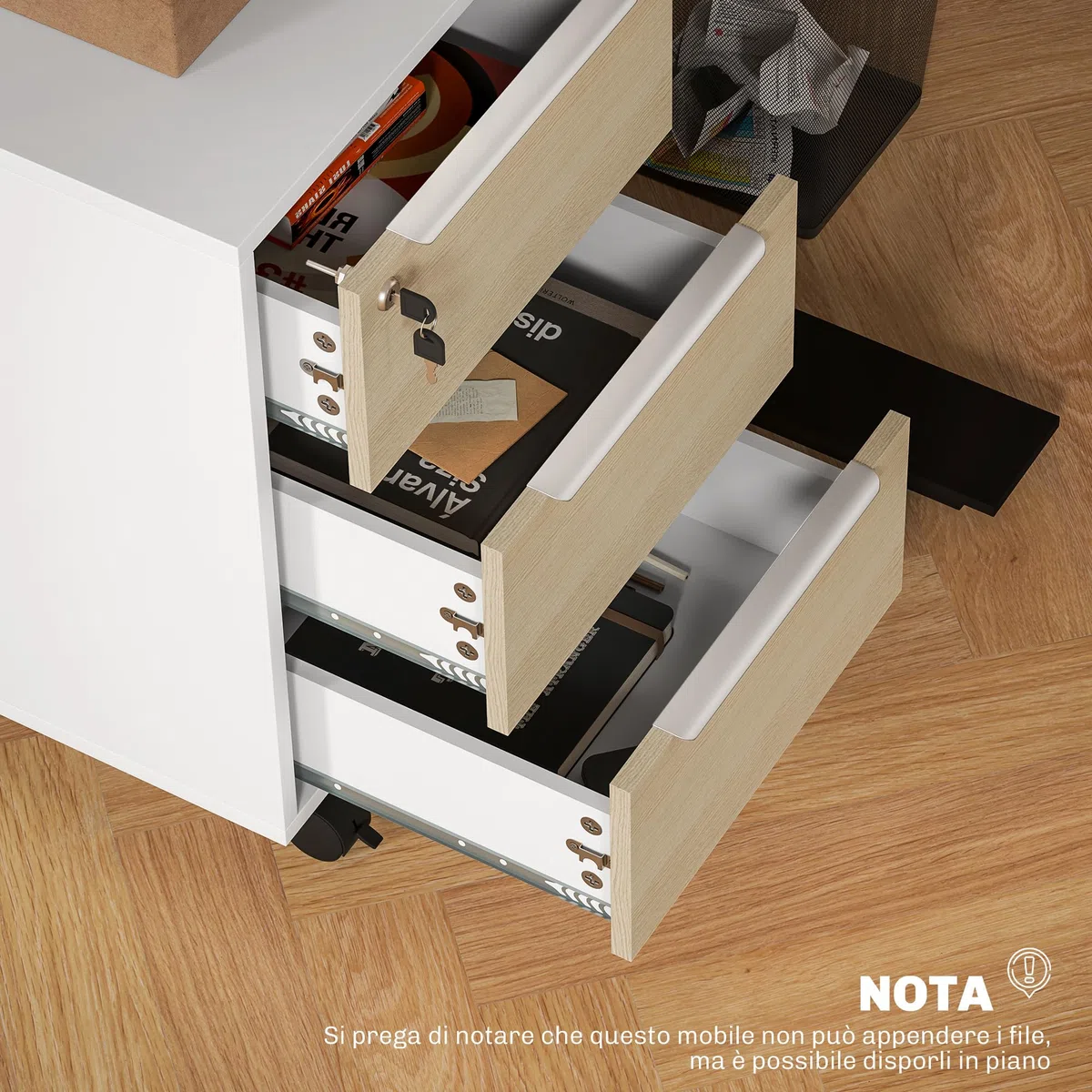 HOMCOM Schedario da Ufficio con 3 Cassetti, 4 Ruote, Cassettiera Ufficio con Serratura e 2 Chiavi per Lettera/Formato A4, Armadietto Verticale per Studio, 40x40x63.5 cm, Bianco e Rovere