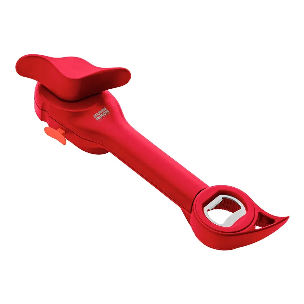 KUHN RIKON Apriscatole multiuso per auto Safety Master rosso, senza bordi taglienti, pulito e sicuro, apre lattine, bottiglie e altro ancora