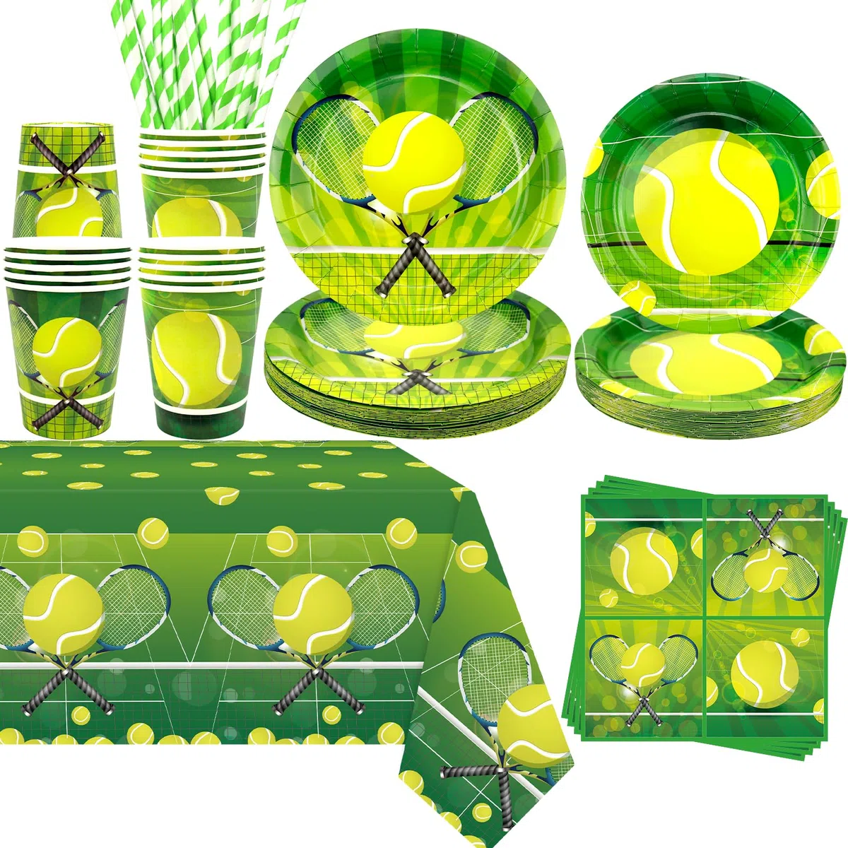Decorazione per feste di tennis – Articoli da tavola per feste di compleanno, compresi piatti, bicchieri, tovaglioli, tovaglie, cannucce – per 20 persone
