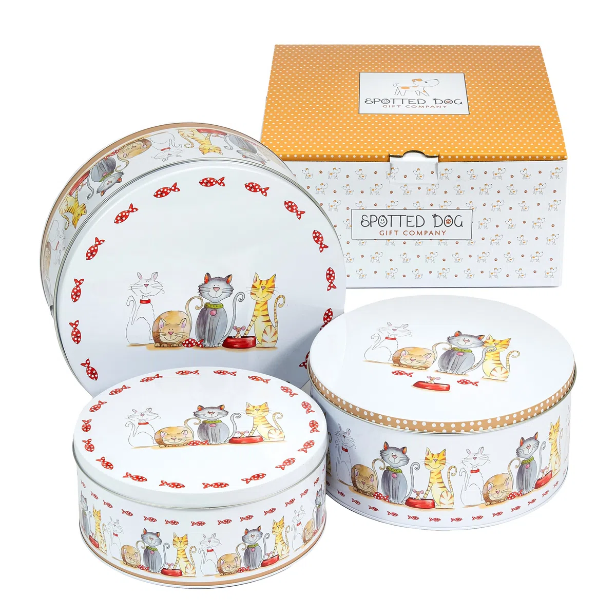 SPOTTED DOG GIFT COMPANY Set di 3 Scatole di Latta, Contenitori Impilabili per Biscotti in Metallo, Barattoli di Latta Rotondi Ermetici per Conservare Torte e Alimenti, Piccoli Medi Grandi - Gatti