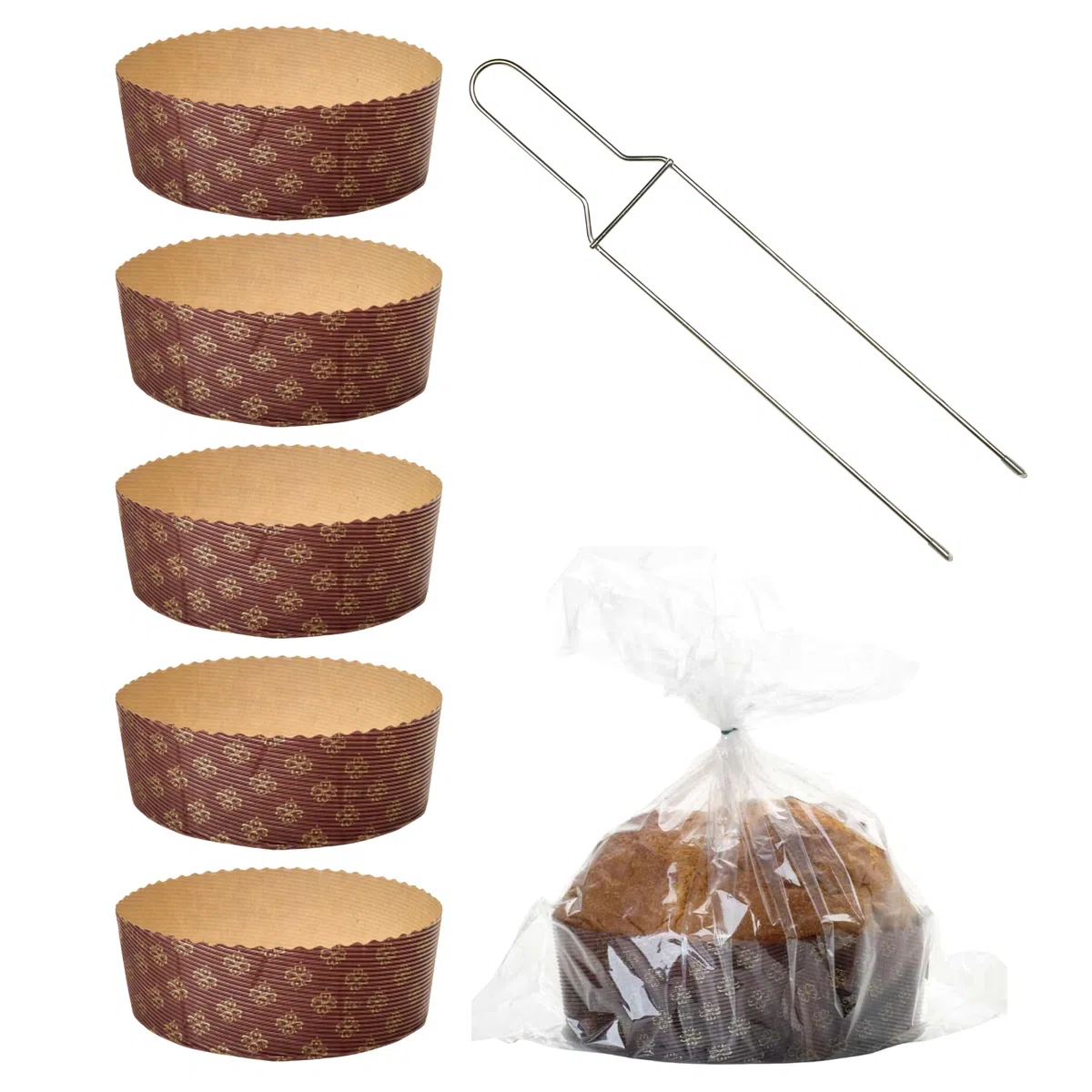 FAH - Kit Stampo Panettone Basso (5pz x 1kg) + Spillone Panettone + 5 Sacchetti con Chiusure, Pirottini Panettone Professionale di Carta Ondulata di Pura Cellulosa, Resistente al Calore 220°C
