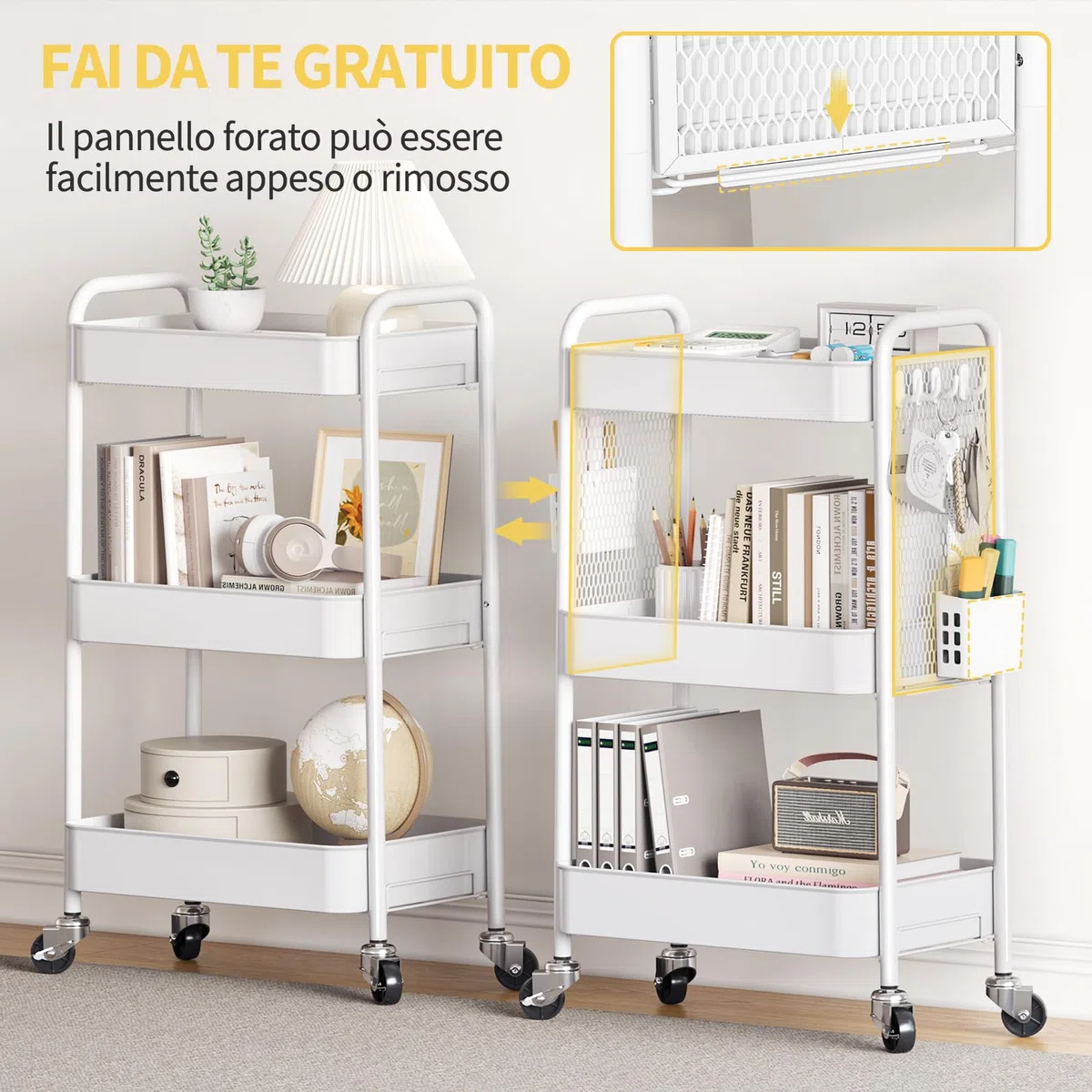 Urackify Carrello portaoggetti per varie applicazioni, carrello in metallo a 3 livelli con pannelli forati fai da te, cesti e ganci per riporre extra in cucina, bagno, ufficio, aula e altro ancora,