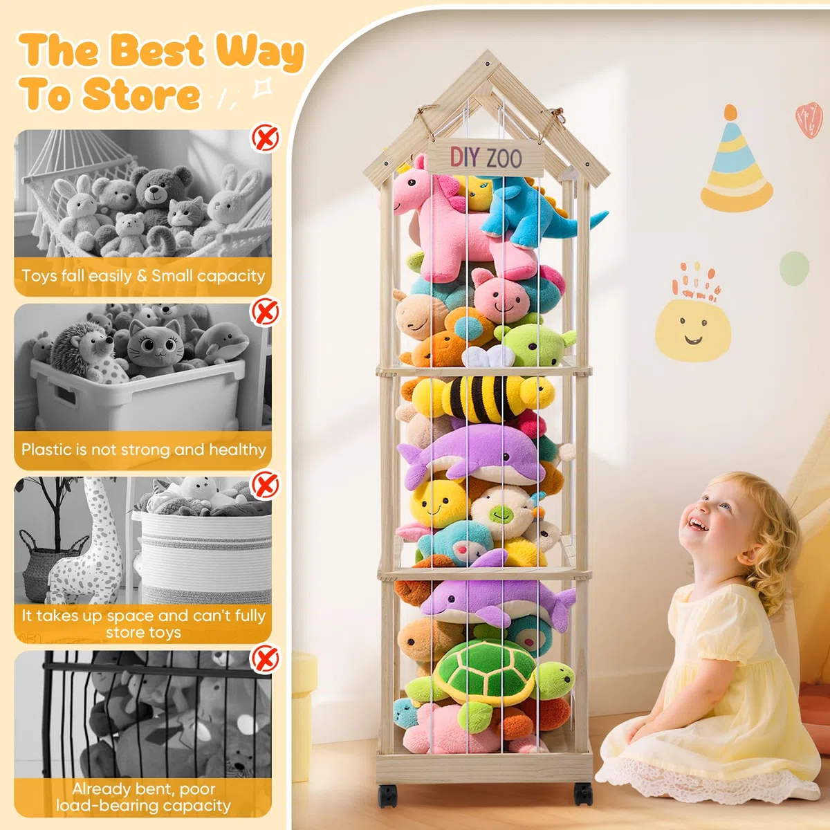 Contenitore per Animali di Peluche, 146x47x35CM con Ruote Girevoli Bloccabili a 360 Gradi per Cameretta dei Bambini, Soggiorno, Cameretta dei Bambini
