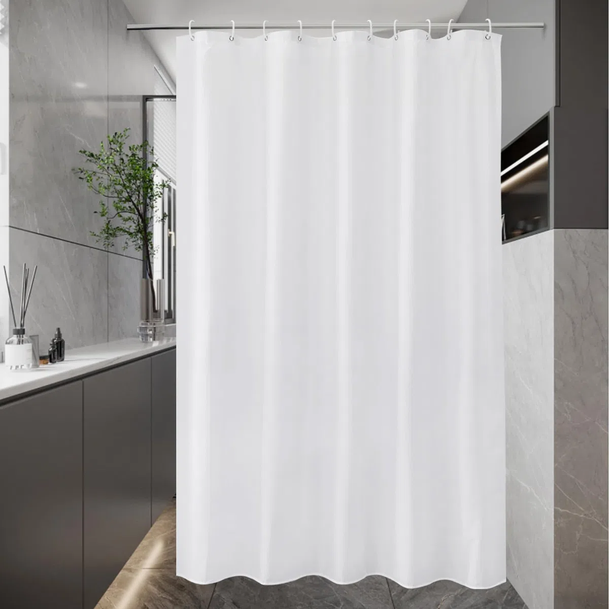 EurCross Tenda da doccia bianca sottile, 150 x 200 cm, in tessuto antimuffa, impermeabile, lavabile, tenda da doccia in bagno, per vasca da bagno con 10 anelli