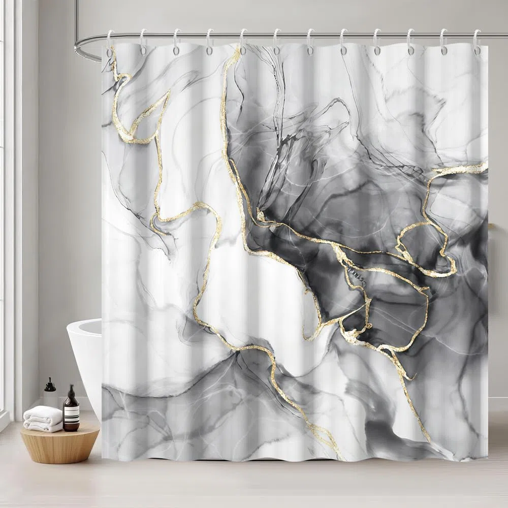Tenda Doccia Antimuffa, Tenda da Doccia 180x200cm Grigio Effetto Marmo Nero Astratta Moderna Tende da Bagno Impermeabile Tessuto Lavabile Poliestere Tende per Vasca da Bagno con 12 Anelli