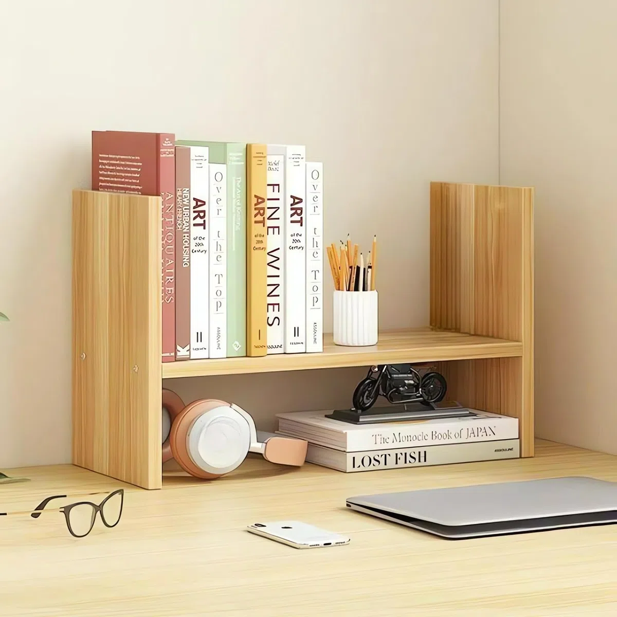 AUSHOPLAH Libreria in legno, organizer da scrivania, 30 x 15 x 25 cm, 2 ripiani, per ufficio, libri e decorazioni E272 (legno)