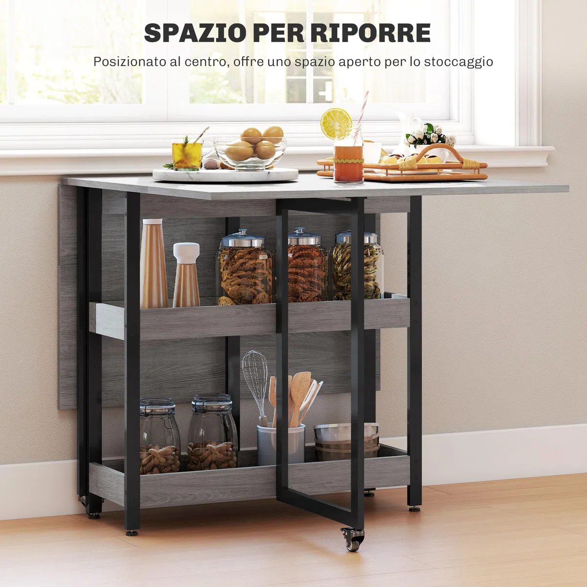 HOMCOM Tavolo da Pranzo Pieghevole, Tavolo Cucina a Ribalta con Ruote per 4 Persone, Scrivania Richiudibile Salvaspazio con 2 Ripiani Aperti, Ideale per Soggiorno, Ufficio, 133.4x80x75 cm, Grigio