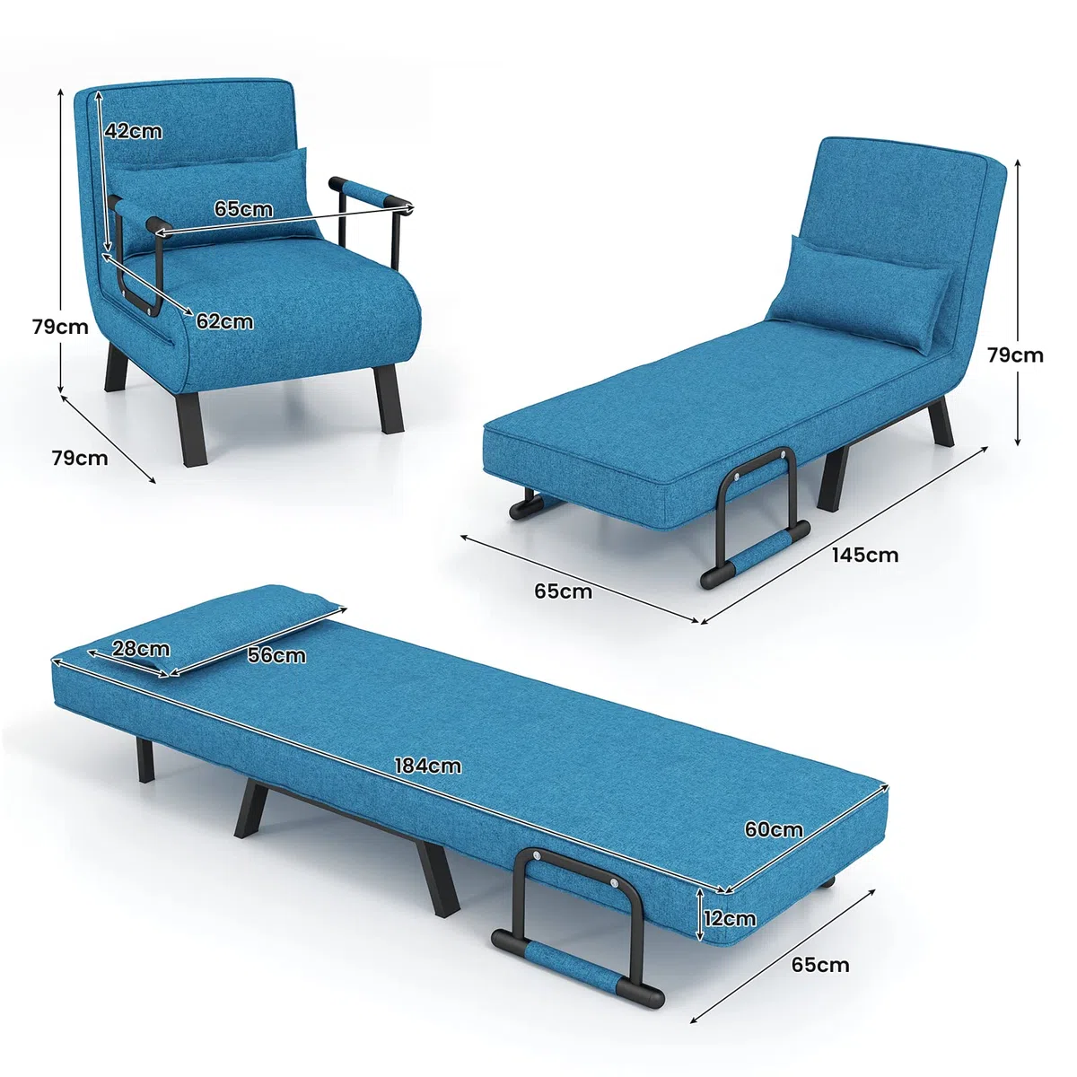 COSTWAY Poltrona Letto, 4 in 1 Poltroncina Pieghevole con Schienale Regolabile in 6 Posizioni, Sedile Imbottito Robusto, Divano Letto Singolo per Casa Ufficio, 79x65x79 cm (Blu)