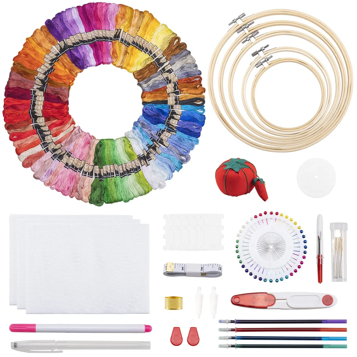 Noa Home Deco Kit Ricamo Kit Ricamo Principianti con 100 Fili Colorati 5 Pezzi di Cerchi di Bambù 3 Pezzi di Tessuto per Adulti Bambini Principianti