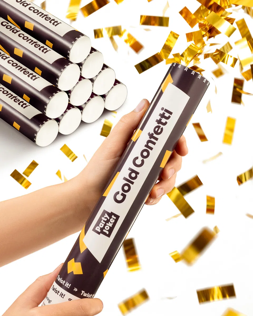 10 Cannoni Spara Coriandoli Colore Oro 30cm - Flusso di Coriandoli di 5-8 Metri - Facili e Sicuri da Usare Per Interni ed Esterni