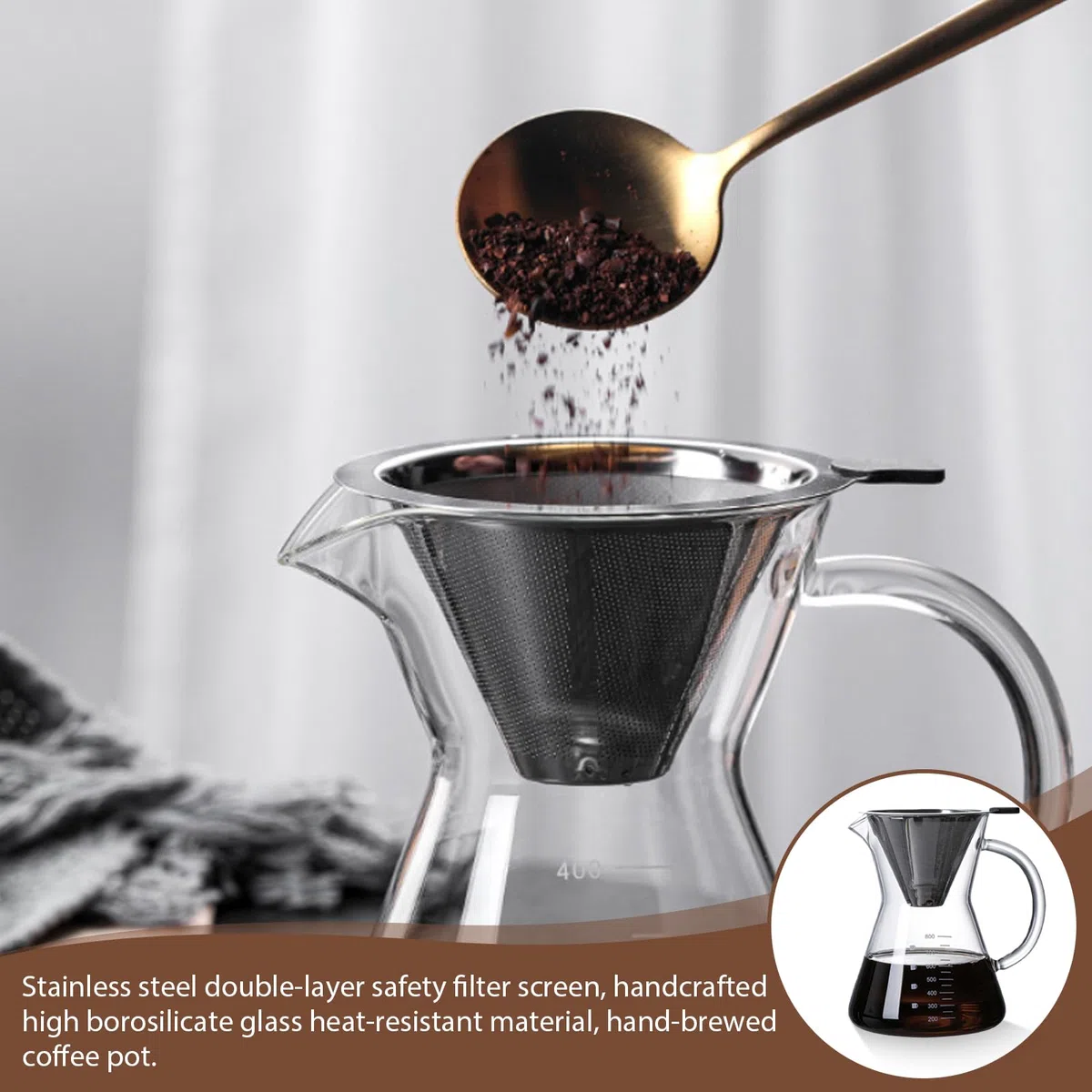 GOMETY Pour Over - Caffettiera in vetro borosilicato da 800 ml, con filtro in acciaio inox a doppio strato, con manico, in vetro per un piacere aromatico